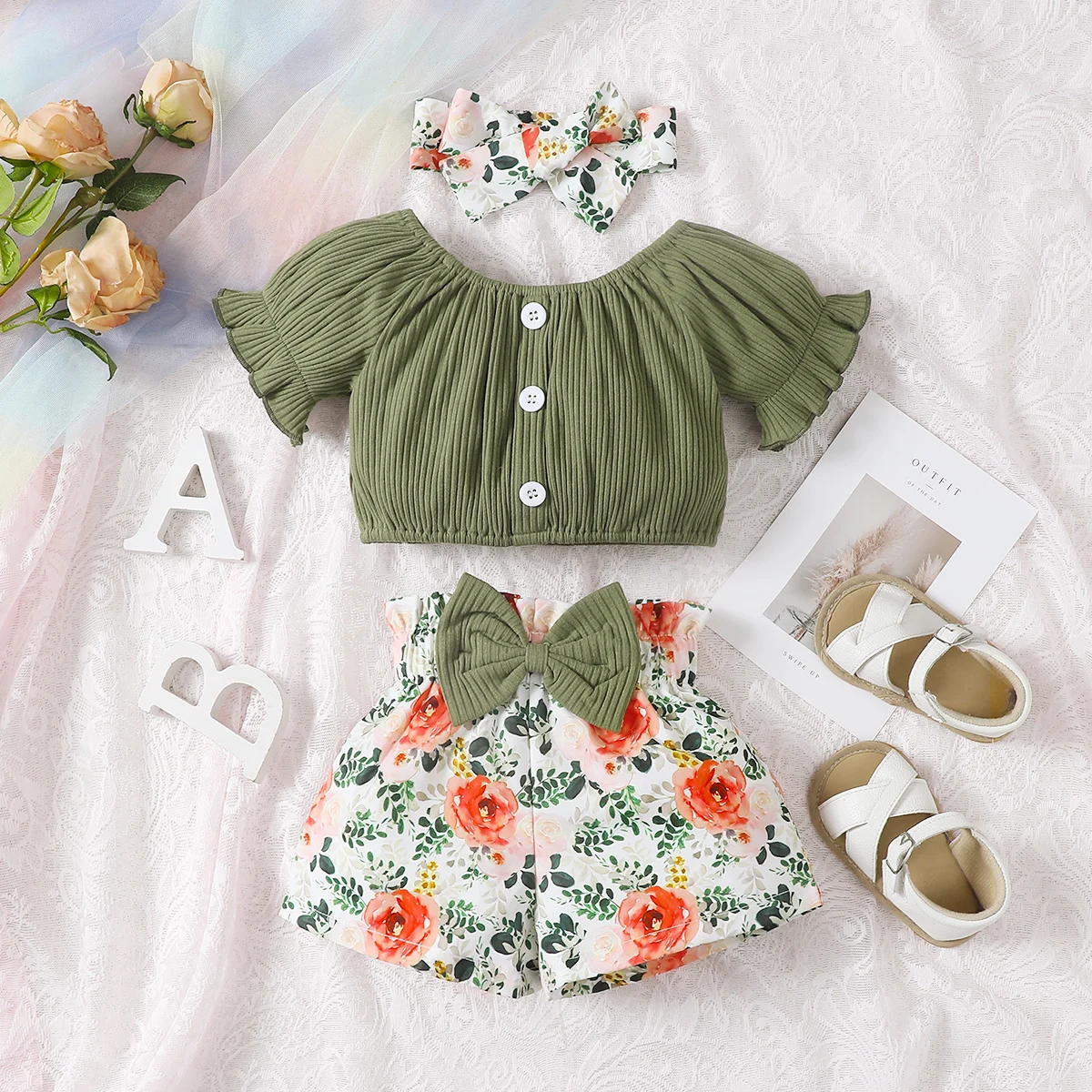 Summer round neck cute casual girl aged 0-2, Cotton Short Sleeved Headscarf, Printed Bow Shorts, Baby Wear