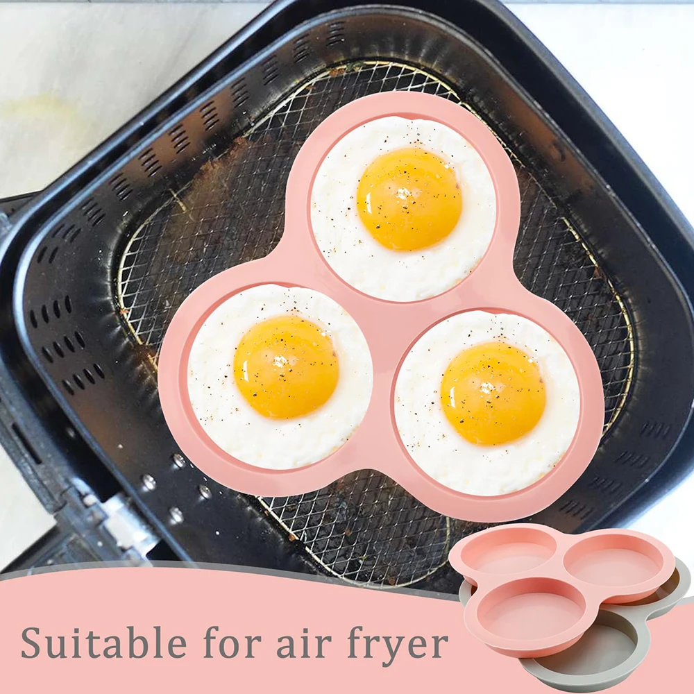 3 Cavity Air Fryer Egg Pan Reusable Silicone Egg Mold Non-Stick Cupcake Baking Tray for Hamburger Bun Pan Airfryer Accessories