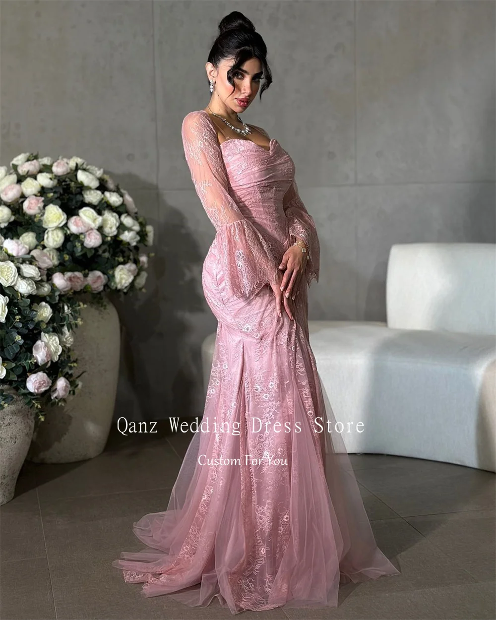 Qanz Saudi Arabia Luxury Evening Dresses Mermaid Pink Lace Appliques Vestidos Formais Elegantes Dubai Party Dresse Customized