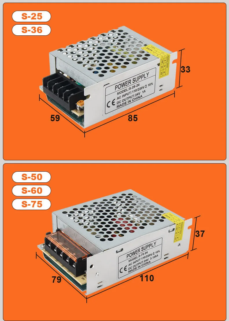 12V 24V Single Output Switching Power Supply S 25W-400W Dual Cooling AC to DC Converter Enclosed Aluminum Housing for LED CCTV