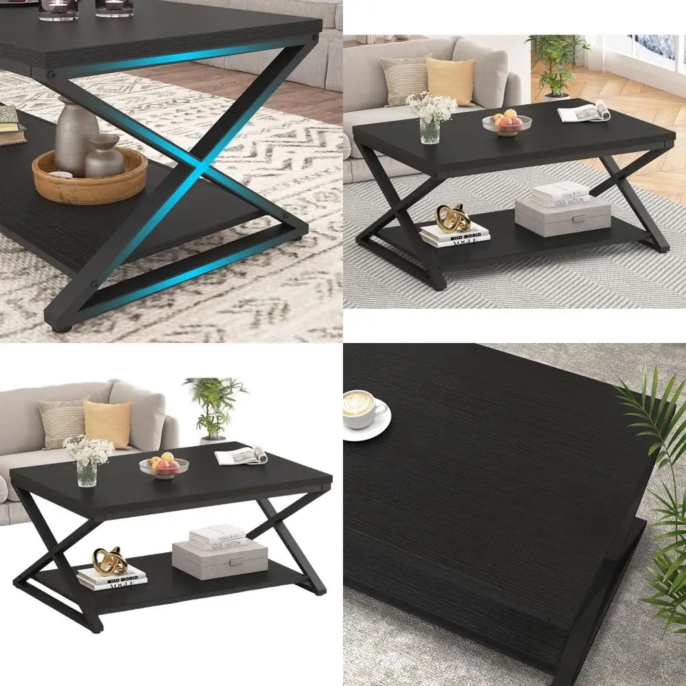 

Contemporary Minimalist Metal and Wood Storage Coffee Table, 39 Rectangular 2-Tier Living Room Centerpiece