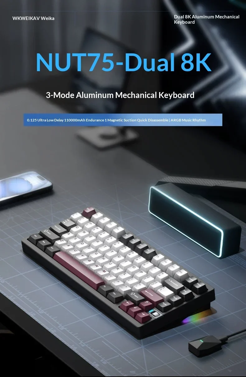 WEIKAV NUT75 Dual 8K 75-Key Tri-Mode Aluminum Mechanical Keyboard with Knob Hot-Swappable RGB For Gifts