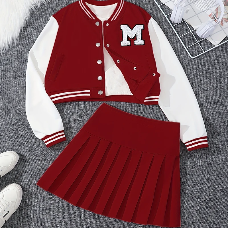 Two Piece Set Of Autumn And Winter Girls Letter Embroidery College Style Baseball Uniform Half Body Pleated Skirt Party Set