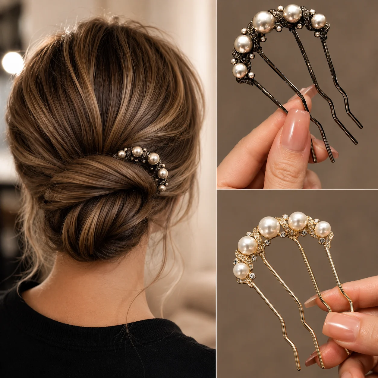 Korean Pearl Hair Fork for Women Alloy Rhinestone U Shaped Hair Pin French Twist Bun Holder Wedding Bridal Hair Accessories Gift