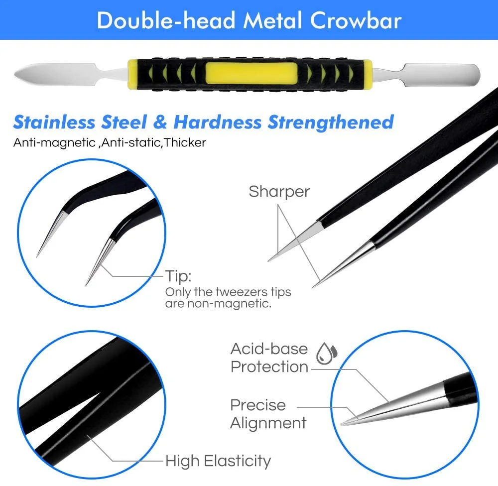 12Pcs Industrial Tweezers ESD Anti-static Stainless Steel Precision Tweezer Elbow Straight With Bag Repair Maintenance Hand Tool