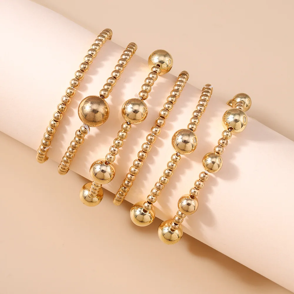 Aihua 6 Stück/Set goldfarbene CCB-Perlen-Kettenarmbänder für Frauen, kreativer Minimalismus, Perlen-Stretch-Armreif, Schmuckzubehör – Detail 1