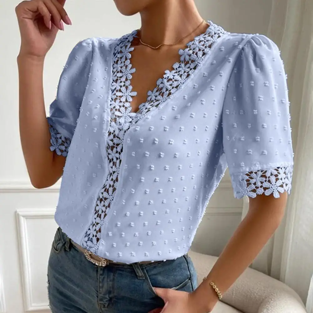 Women T-shirt Floral Lace Splicing V Neck Short Sleeves Pullovers Solid Color Elegant Summer Ladies Tee Blouse Top Streetwear