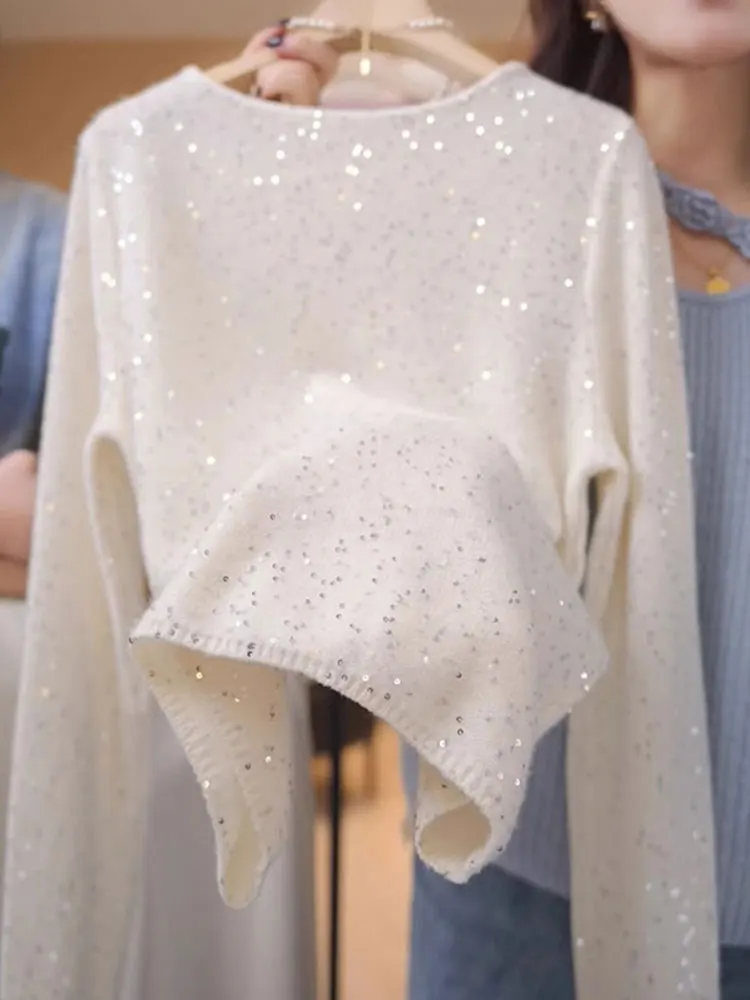 패셔너블한 캐주얼 롱 스웨터 라운드 넥 니트 스웨터 반짝이는 레이지 스타일 봄 가을 착용 편안한 스트레이트 핏 K...