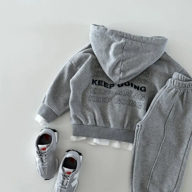 Autumn New 2024 Korean Boys\' and Girls\' Set Letter Zipper Hooded Long Sleeve Sweater Children\'s Pants Two Piece Set