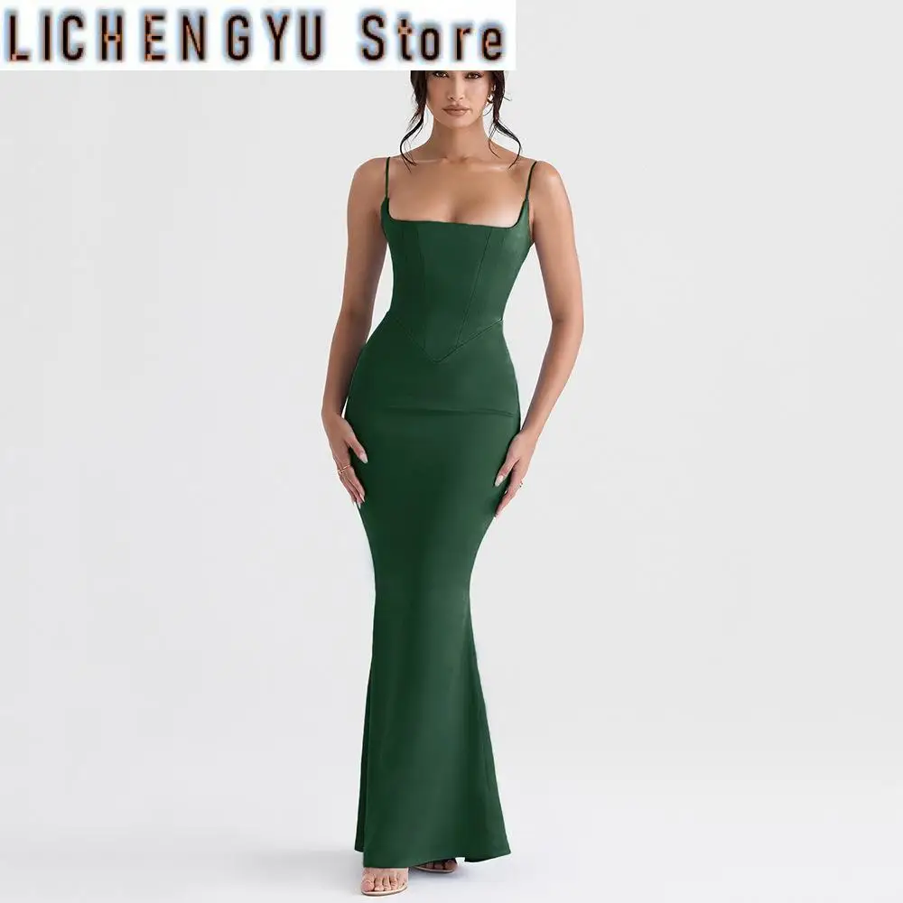 Spaghetti Strap Green Prom Dress Sexy Maxi Bodycon Evening Night Party Dresses with Lining Female Wome Dresses