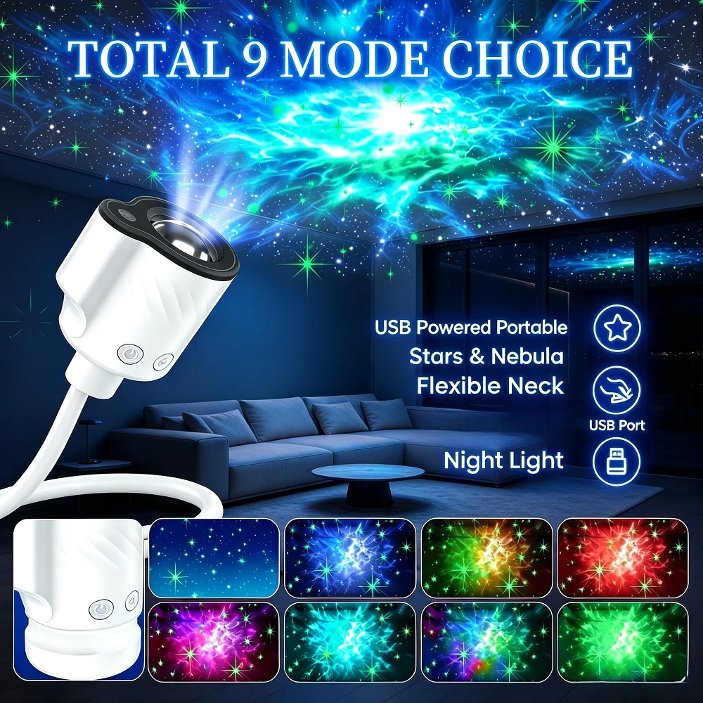 2-in-1 USB Galaxy Projector Night Light 360° Adjustable Brightness 2 Style Mini Starry Sky Projector Light For Bedroom Car Decor
