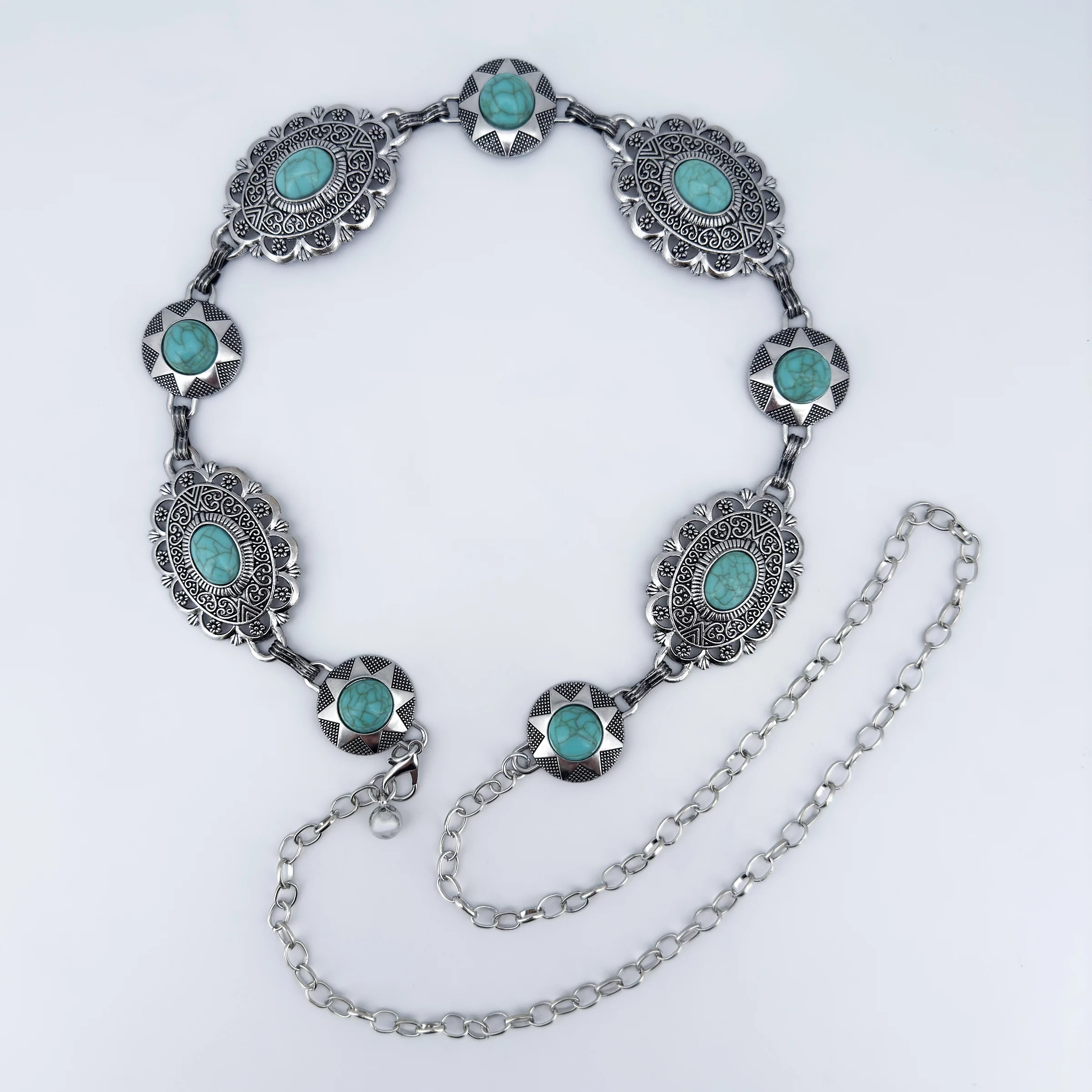 Westlicher Vintage-Ethno-Stil, hohler ovaler Gürtel mit Türkis-Einlage, luxuriöser Damen-Metallgürtel, passend zum Rock, für einen gehobenen modischen Auftritt – Detail 6