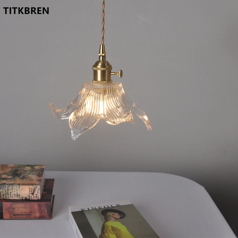 Modern Lily Flowers Clear Glass Lampshade Pendant Light With Copper Switch Bedroom Beside Dinning Room Suspension Small Fixture