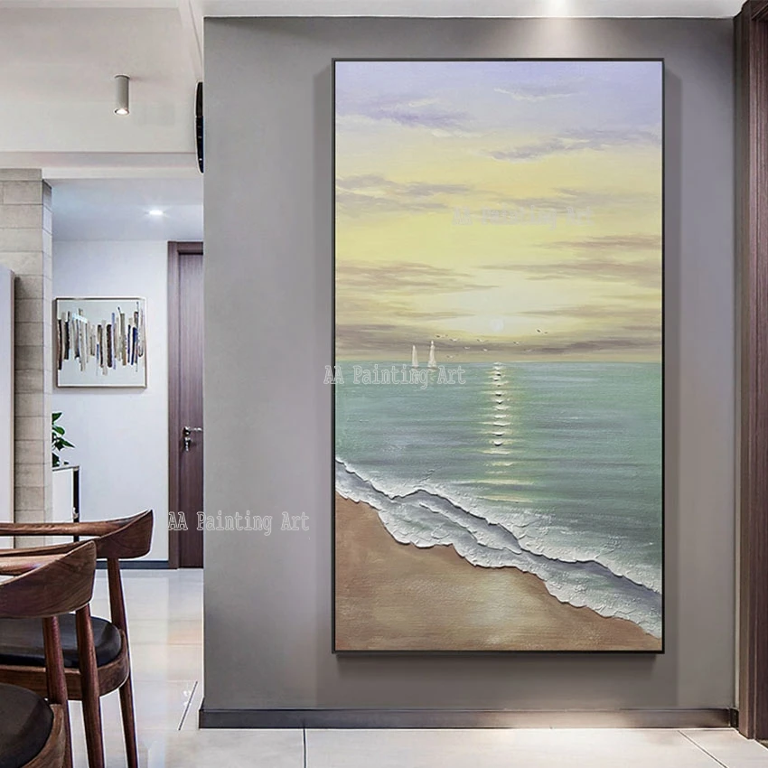 

Hand Painted Unframed Canvas Wall Art, Seascape Sunset Scenery, Oil Painting, Decoration Crafts, Modern Living Room Decor