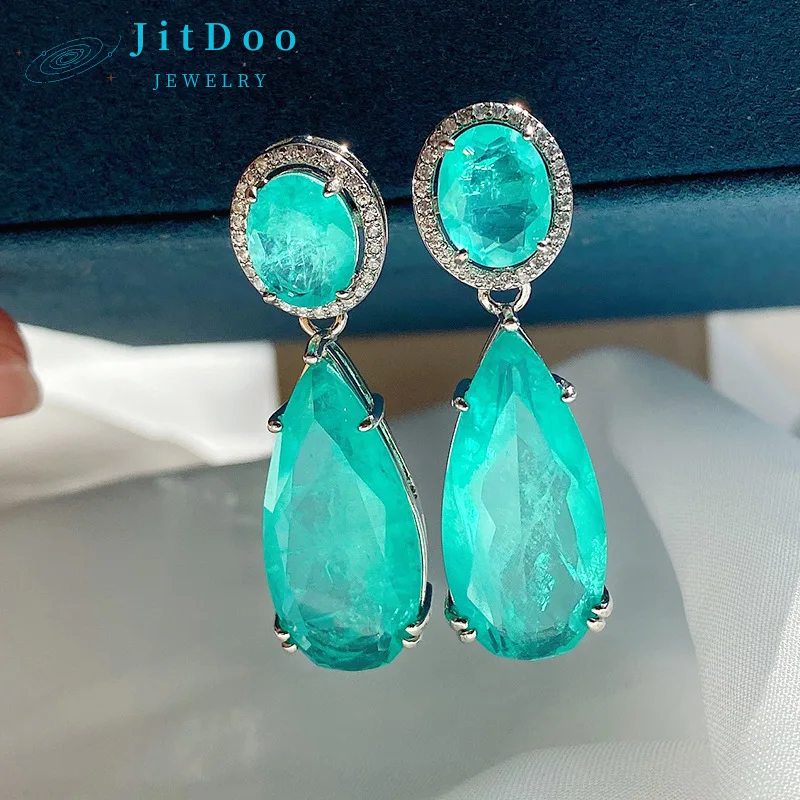 

JitDoo Charms Drop Big Earrings for Women Vintage Paraiba Tourmaline Emerald Gemstone Wedding Party Earrings Fine Jewelry Gift