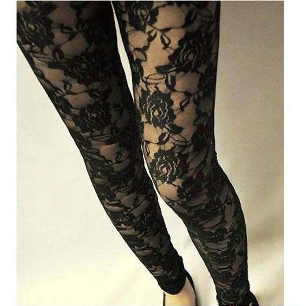 Women Summer Leggings Solid Color Floral Lace Sheer Long Elastic Band High Waist Pants Vintage Slim-Fit Wild Fashion Bottoms