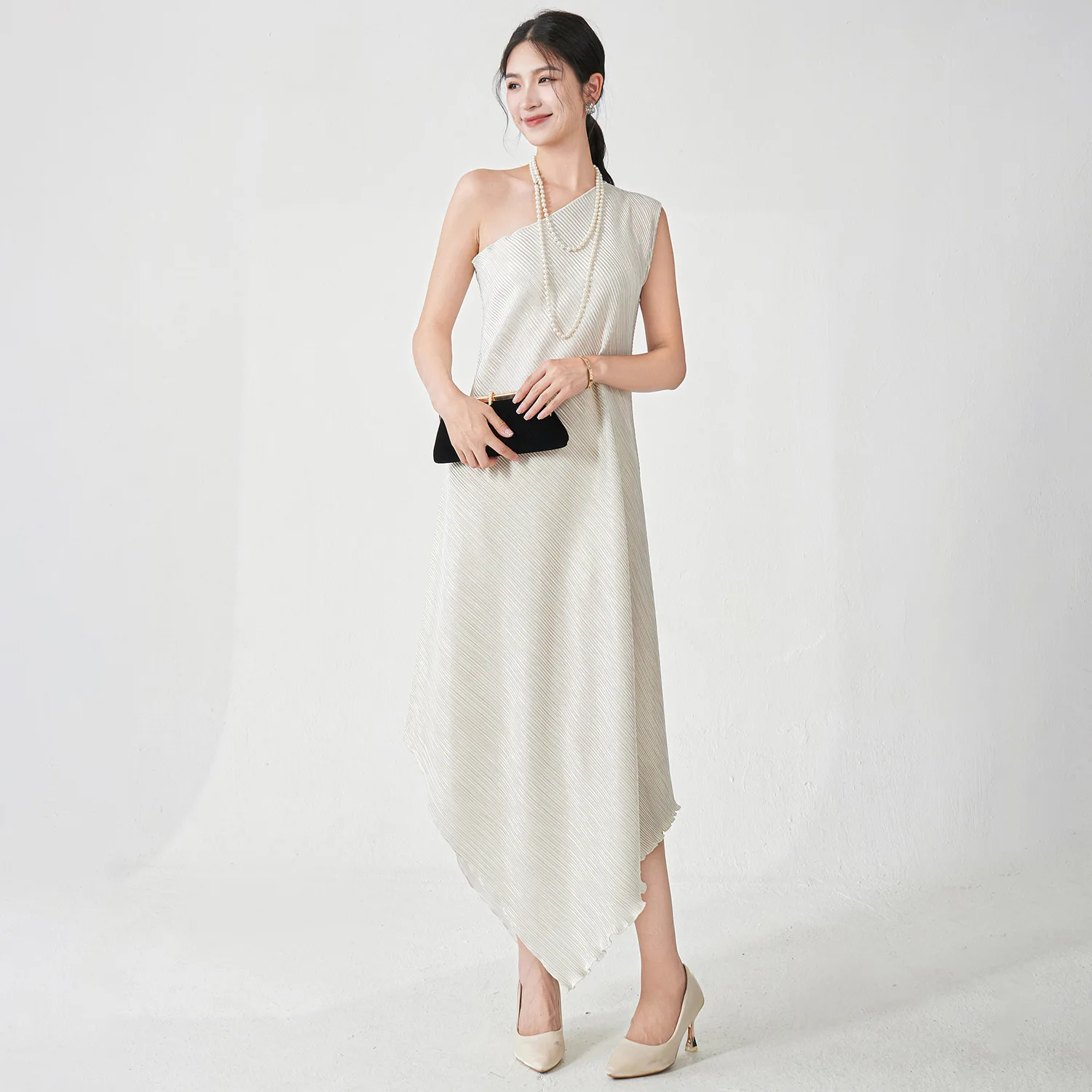 Ele Casual Long Dr Polyester Fabric Regular Sve Asymmetrical Hemline Loose Waist Sle Faionable Middle-aged Women
