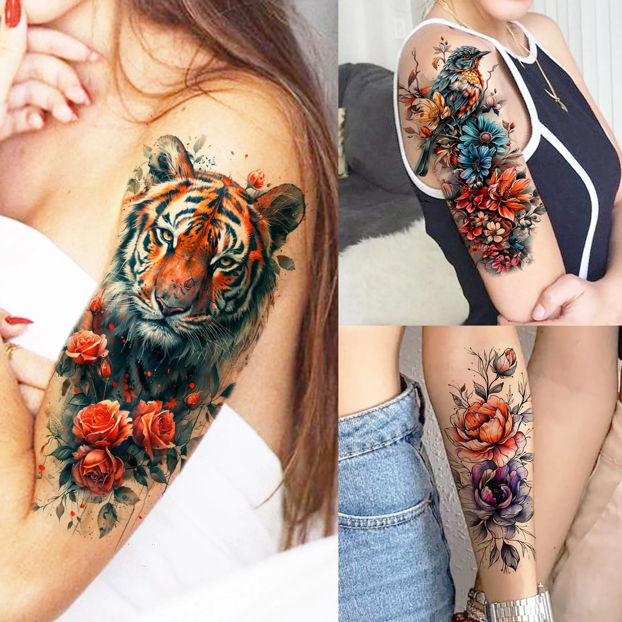 

1 Sheet Watercolor Tiger Rose Temporary Tattoos For Women Girls Waterproof Fake Tattoos Bird Flowers Long Lasting Tatoo Stickers