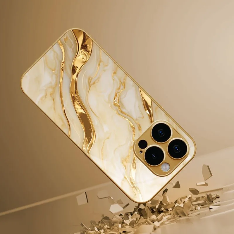 Golden Marble Waves Gold Metallic Paint Tempered Glass Phone Case For iPhone 17 18 Pro Max 11 12 13 14 15 16 Plus 17 Air Cover