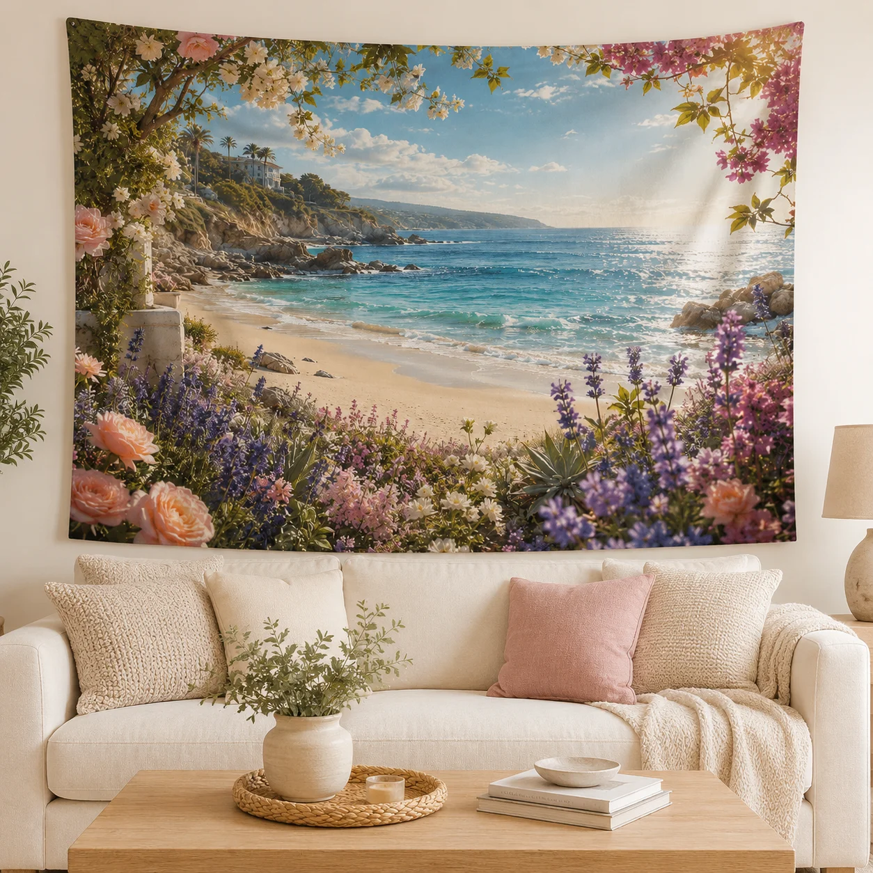 Ocean Beach Tapestry Wall Hanging Coastal Boho Room Decor Aesthetic Living Bedroom Flower Scenery Hanging Cloth Poster Art