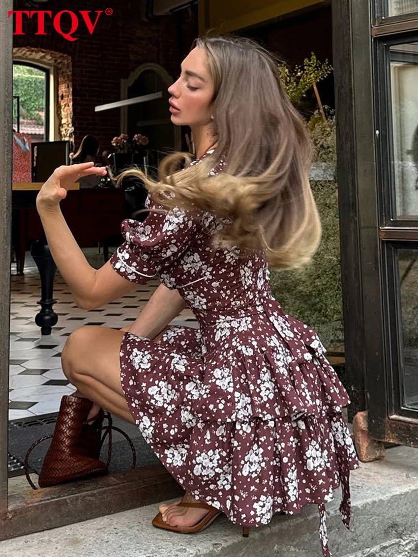 Women's V-Neck Short Sleeve Pleated Mini Dress - Summer Slim Print