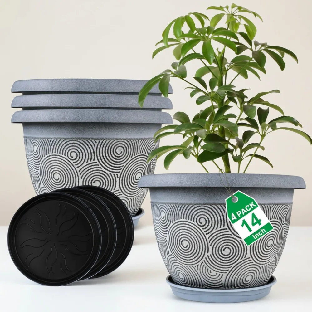 

14-дюймовые большие пластиковые горшки, 4 упаковки с дренажными отверстиями и подносами, современные цветочные горшки для внутреннего и наружного сада