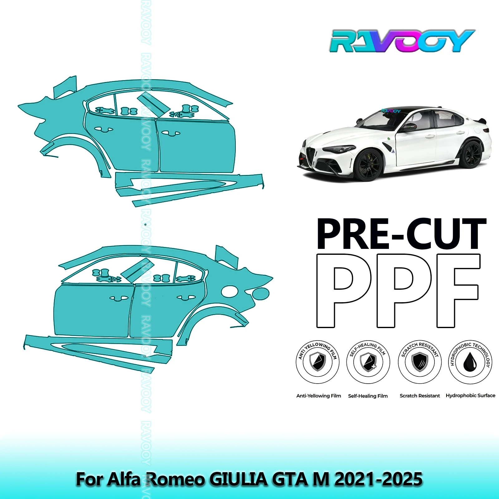 

For Alfa Romeo GIULIA GTA M 2021-2025 8.5mil Clear Matte Pre-Cut PPF Door & A/B Pillar Kit TPU Paint Protection Film Set