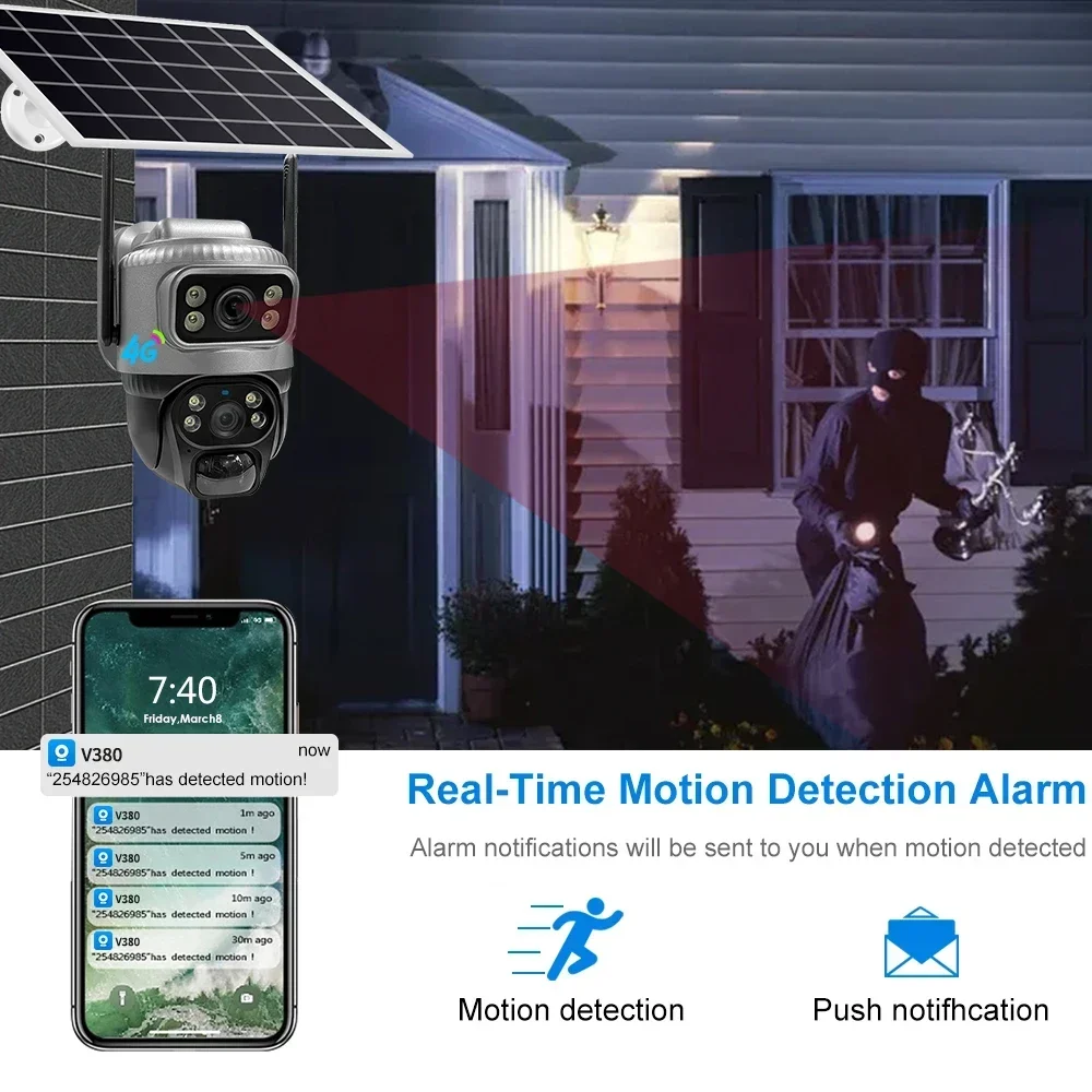 8MP 4K Doppia Lente 4G Telecamera Solare PIR Visione Notturna Rilevazione Umana Impermeabile Video di Sicurezza IP Cam Batteria CCTV Monitor