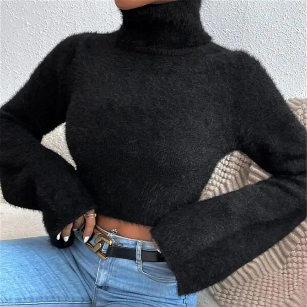 Cropped Knit Sweater Stylish Women's High Collar Cropped Sweater with Flared Long Sleeves Solid Color Slim Fit for Exposed