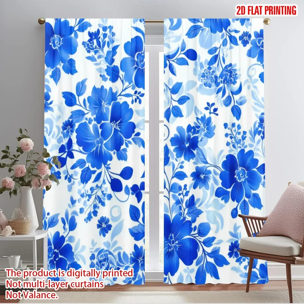 2pcs,2D plane printing Popular Curtain Panels Blue Floral Harmony Durable 100% Polyester Fabric (without rod) Festive Ldeal for