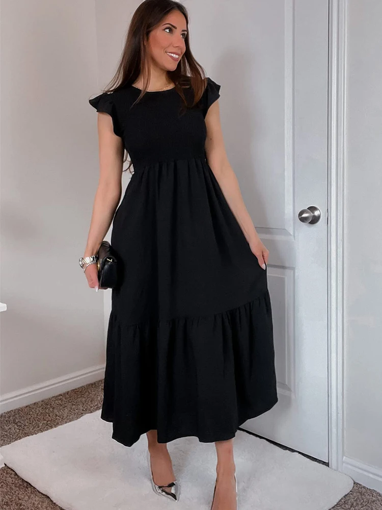 Women's Casual Summer Maxi Dresses with Pockets Short Ruffle Sleeve Smocked Tiered Long Dress Beach Sundress Basic Solid 2024