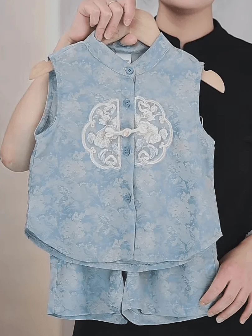 Boys Summer Hanfu Clothing Set 2024 New Style Cotton Vest Shorts Two-Piece Suit Traditional Chinese Fashion for Little Kids