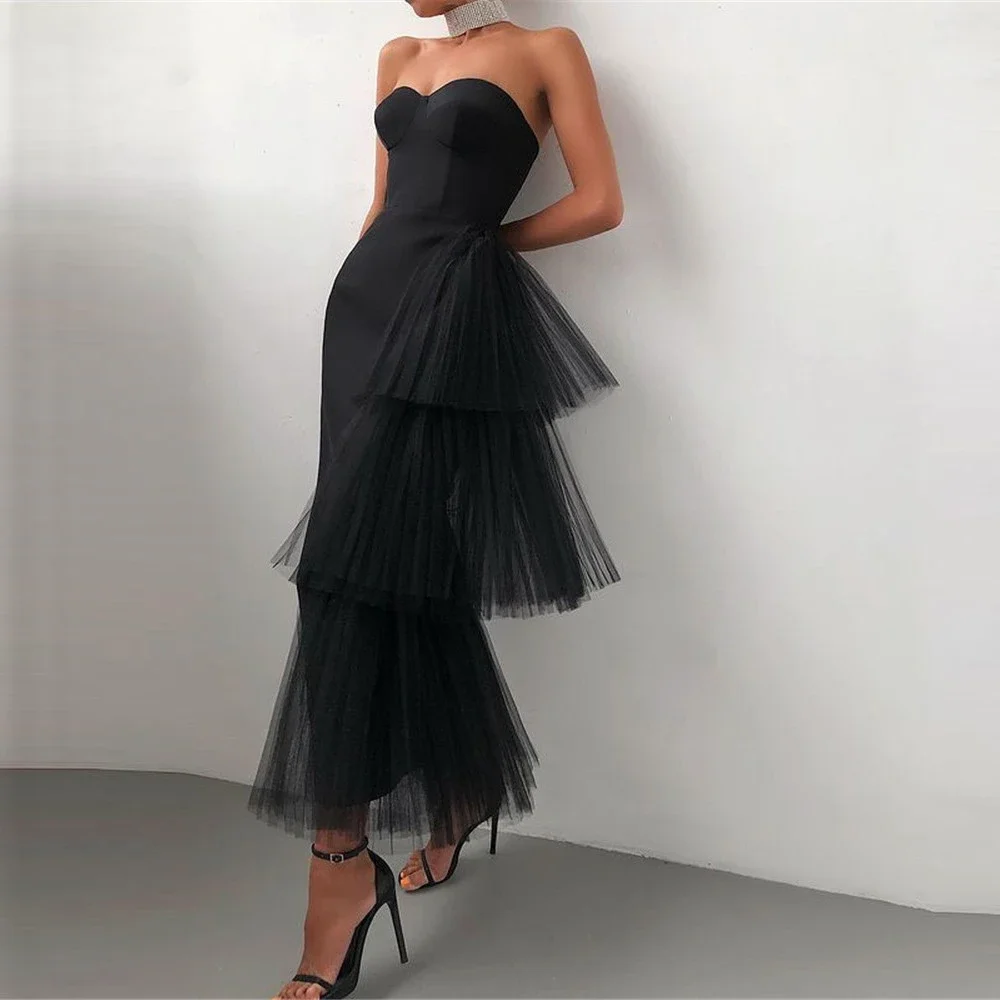 

Elegant Black Mermaid Sweetheart Off-the-shoulder Party Ball Evening gown ankle-length satin tulle layered formal occasion gown