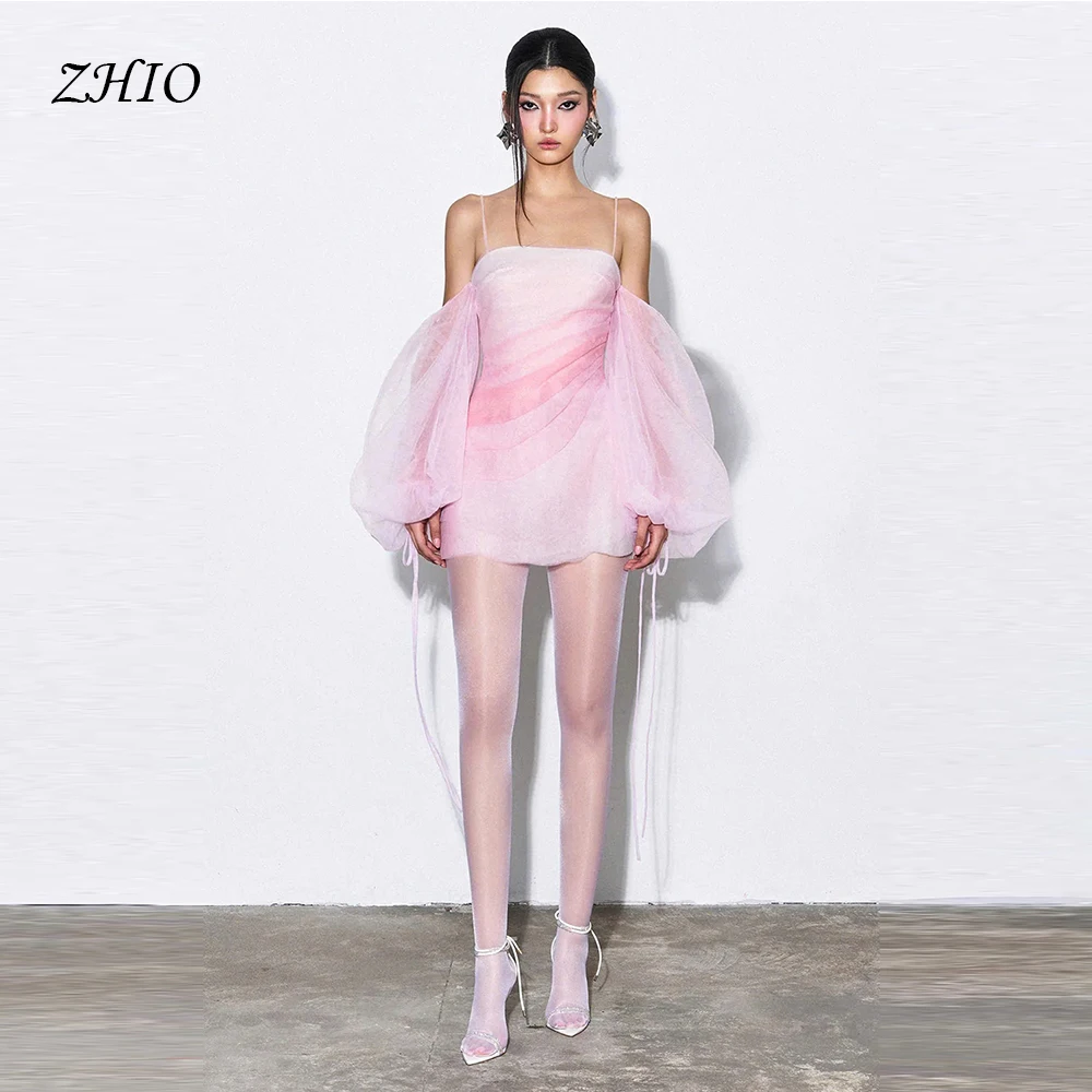 

ZHIO Korea Strapless Short Prom Dresses Wedding Photo Shoot Powder Puff Sleeve Bow Pink Evening Customized Formal Dresses