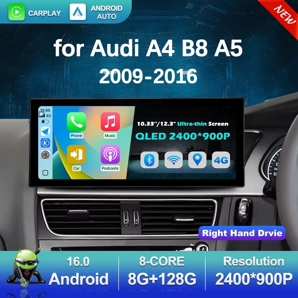 Android 16 GPS Navi 4G Car Video Multimedia Radio Player Right Hand Drvie for Audi A4 B8 A5 2009 - 2016 Bluetooth WiFi Carplay