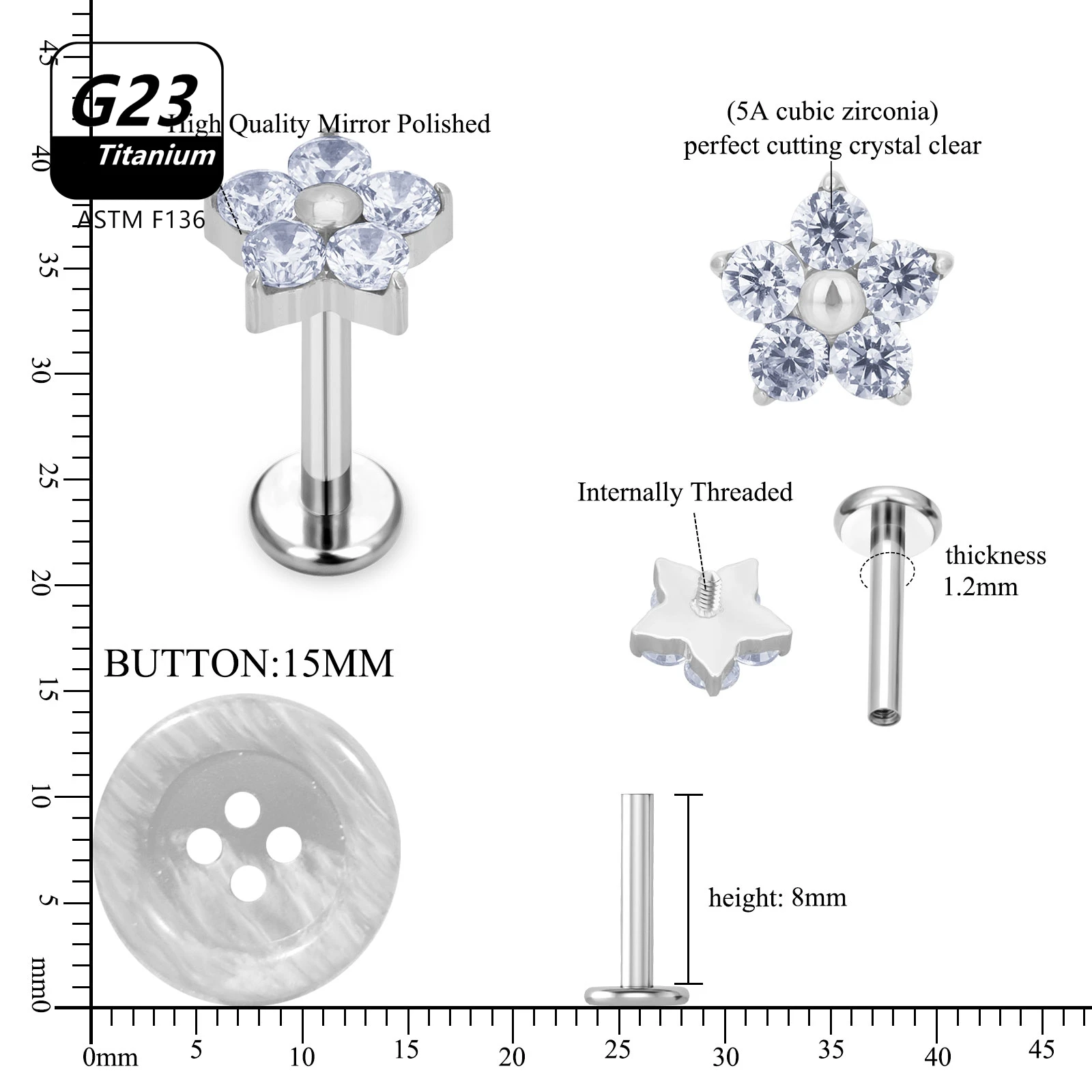 1Pc 10Pcs 16G G23 Titanium CZ Flower Lip Labret Bar Ear Helix Tragus Rook Barbells Stud Piercing Body Jewelry Cartilage Earring