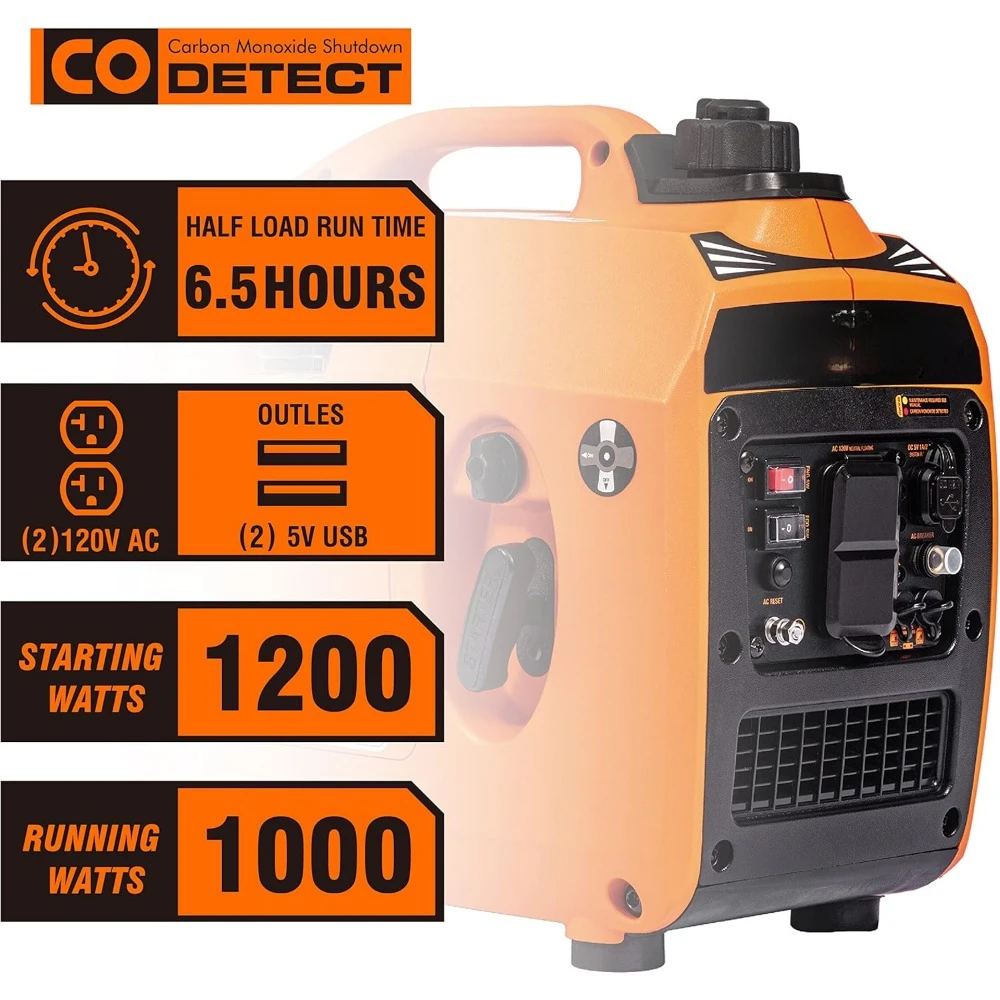 Portable Generator，1200W Ultra-Quiet Gas Engine,EPA Compliant, Eco-Mode Feature, Ultra Lightweight for Backup Home Use & Camping