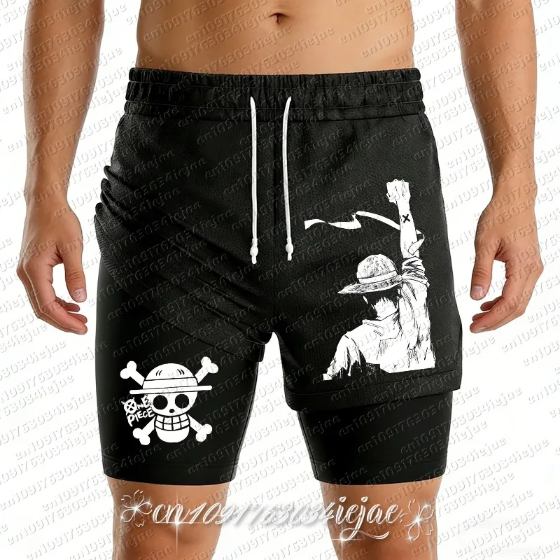 2026 One Piece Luffy Print Shorts Herren Sommer Schnelltrocknende Doppellagige 2-in-1 Hose Kleidung Cosplay Bequem und Atmungsaktiv