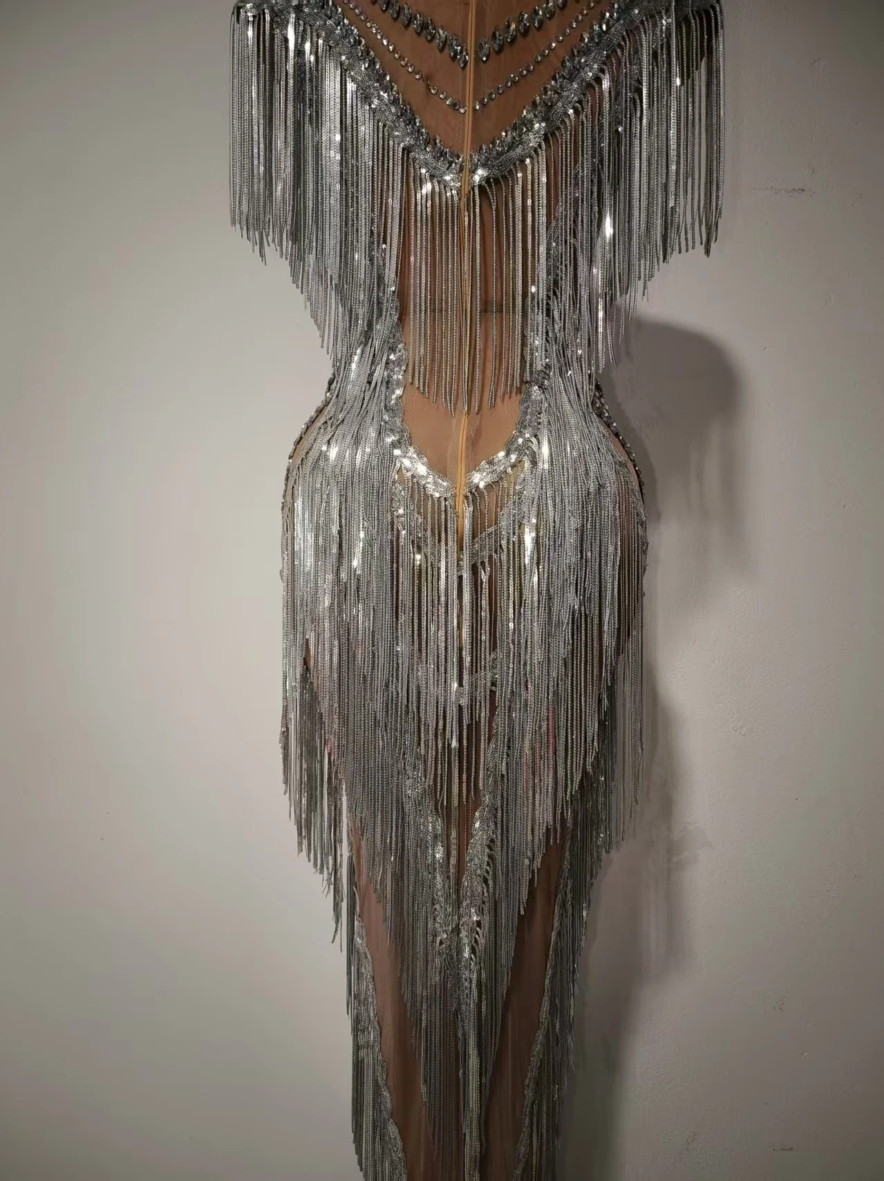 Mostrar menina traje de festa de luxo outfitsparkly lantejoulas franjas vestidos para mulheres sexy malha diamantes desempenho dança traje gor