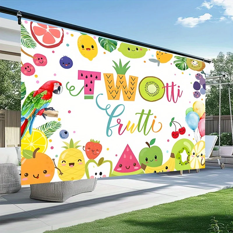1 fondo colorido de tarta de frutas, poliéster, diseños vibrantes de frutas y animales de dibujos animados, fiesta de cumpleaños, decoración de frutas