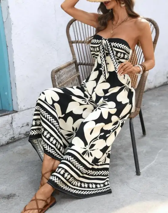 

Women Bodysuit Summer New Fashionable Elegant Sexy Vacation Style Floral Print Lace Up Strapless High Waisted Wide Leg Jumpsuit