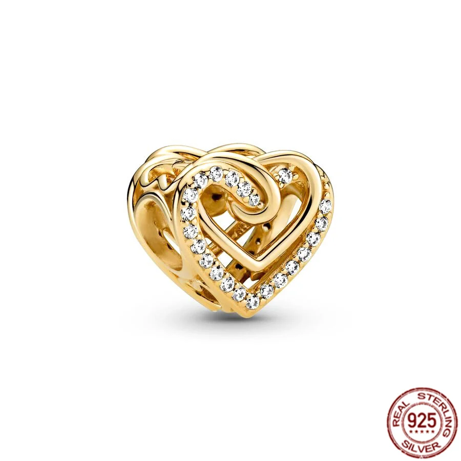 Cuentas de joyería chapadas en oro, corazones brillantes nivelados, Halo cuadrado, árbol familiar, colgante, compatible con pulsera Pandora Original de plata 925