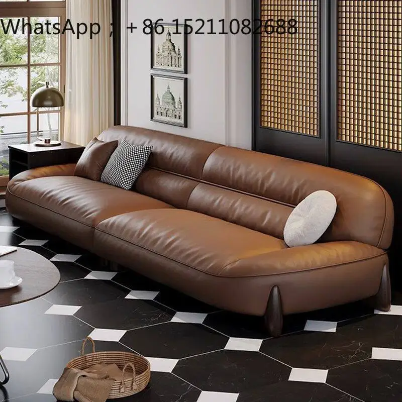 SCY light luxury leather sofa modern simple living room retro style small apartment straight row brown sofa