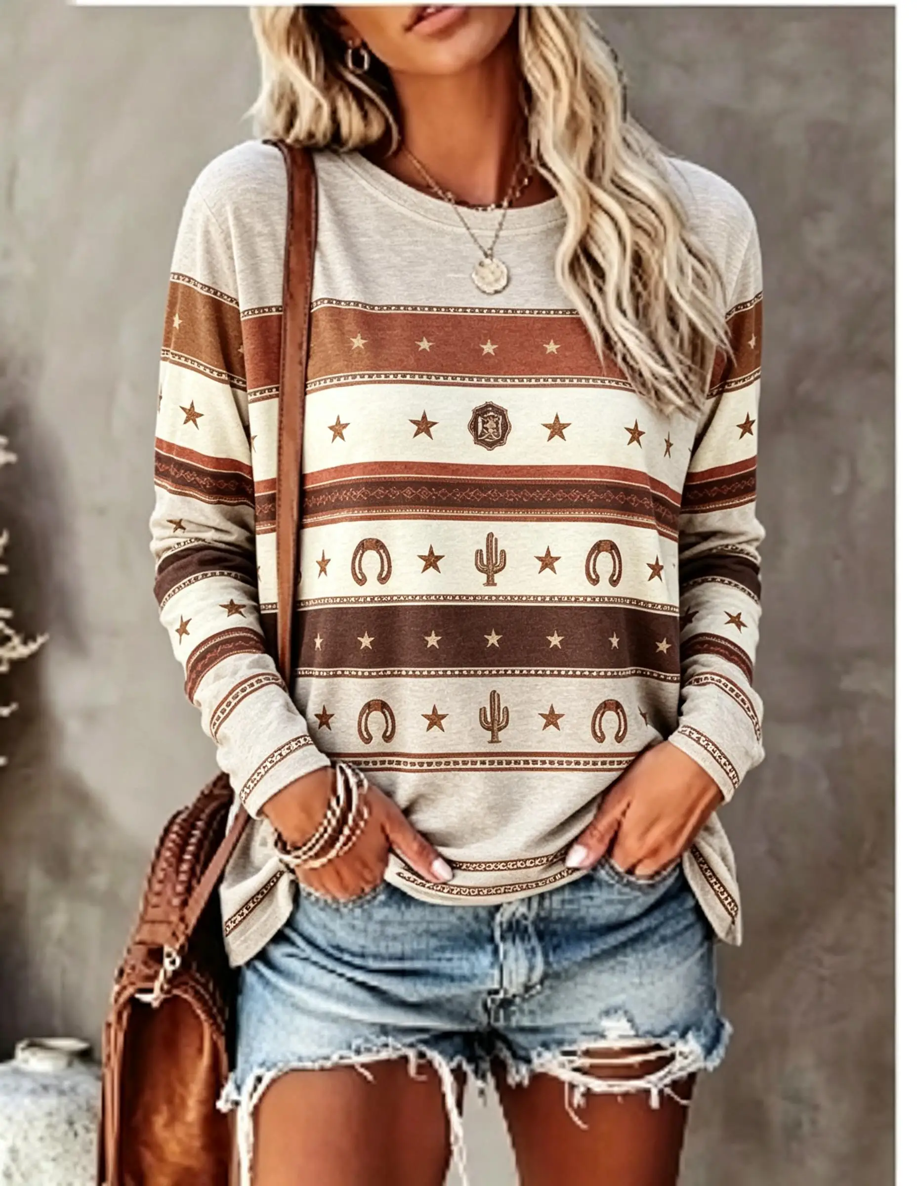 Women Crew Neck Long Sleeve T‑Shirt Western Cowboy Cactus Horse Shoe Star Aztec Stripe Full‑print Casual Loose Pullover Tops