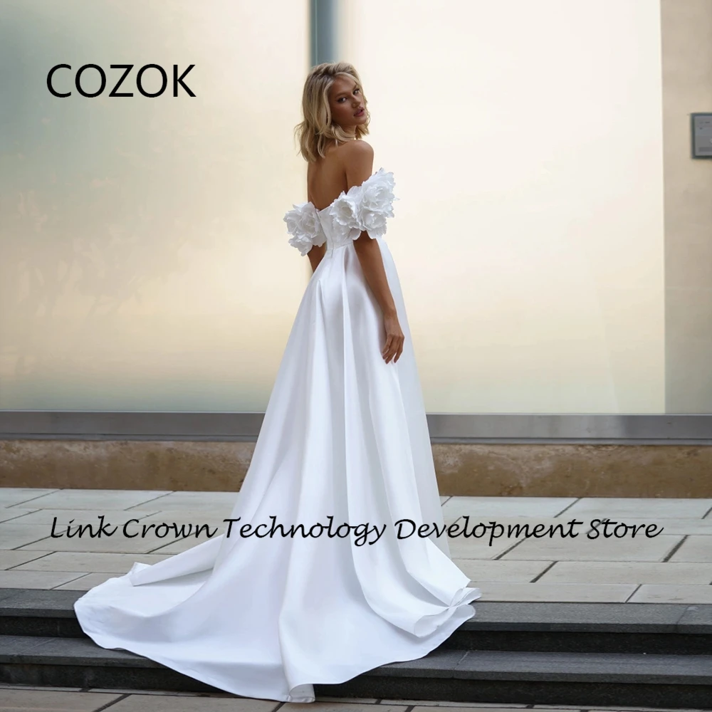 COZOK Boat Neck Wedding Dresses for Women White Side Slit Satin Bridal Gowns with Pleat 2024 Summer New Vestidos De Novia