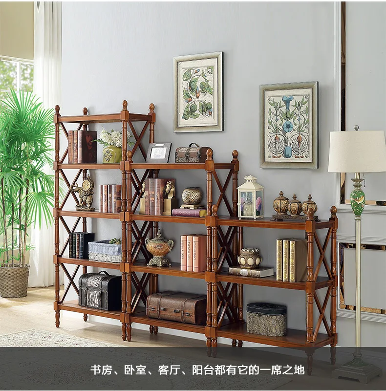 

American bookshelf shelf Solid wood floor porch storage rack Reading area Wooden bookcase Living room display rack combination