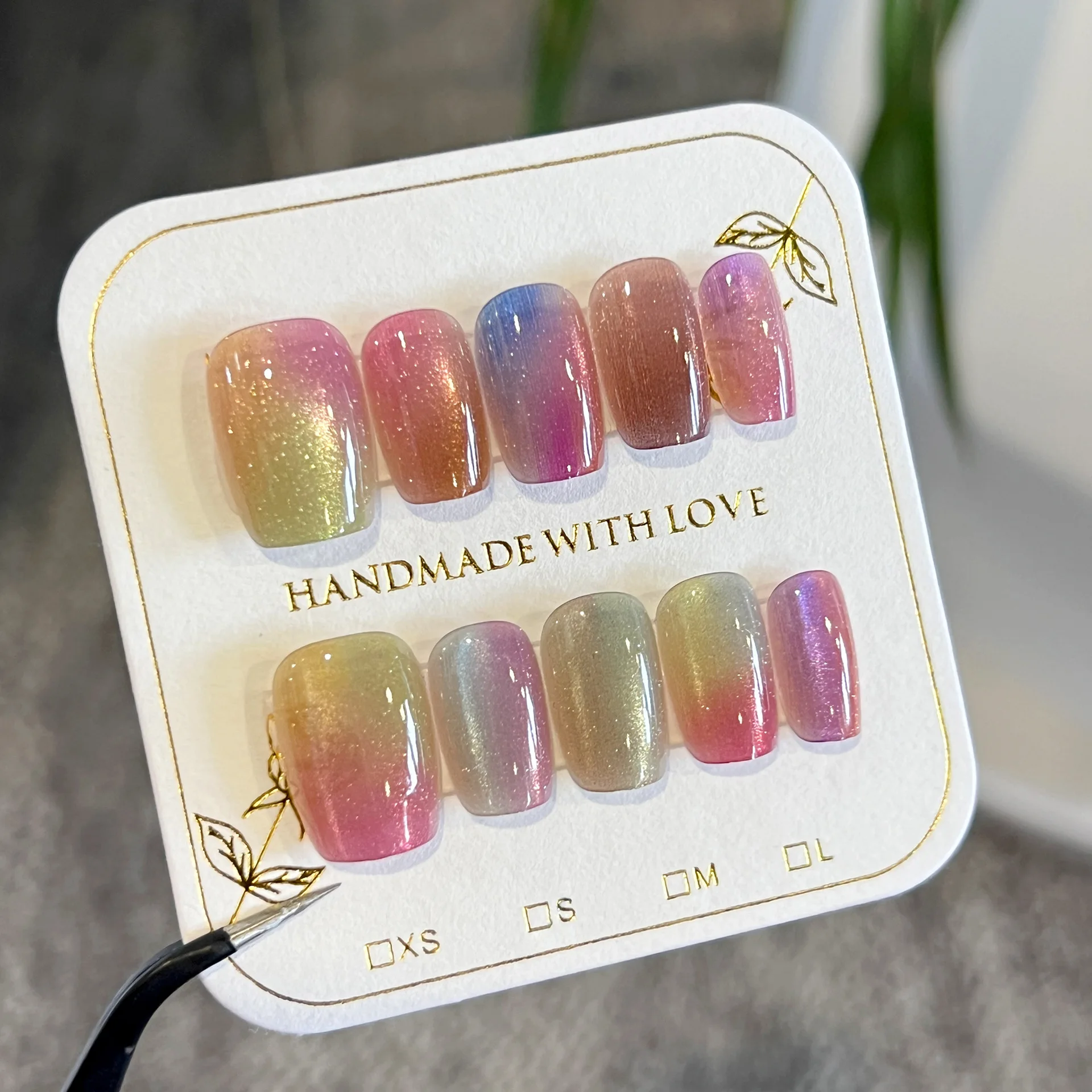 10 szt. Ręcznie robione paznokcie z pełnym pokryciem błyszczące wzór oka kota kolorowe krótkie sztuczne paznokcie do noszenia Manicure tipsy sztuka