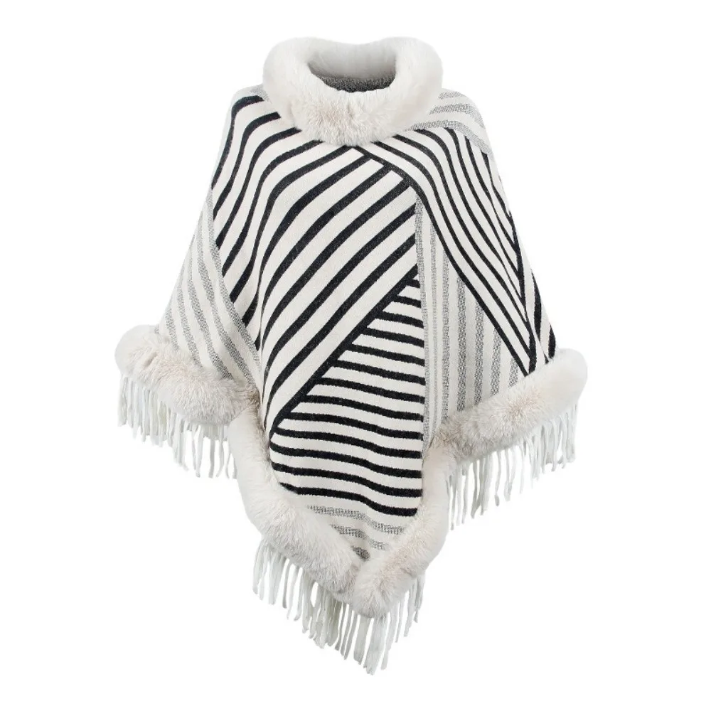 

Winter Warm Faux Fur Collar Shawl Striped Artificial Wool Mongolian Poncho Tassel Shawl Ethnic Style Knitted Cape