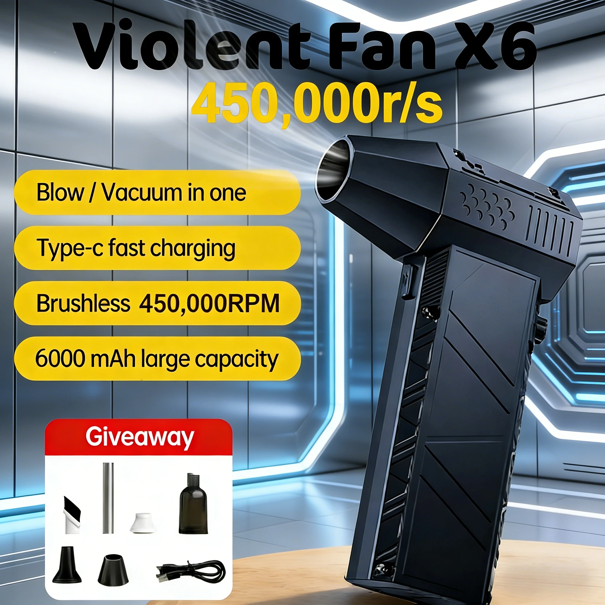 

X6 2-in-1 Blower & Vacuum Cleaner – 450K RPM, Fast Charging for Car & Computer