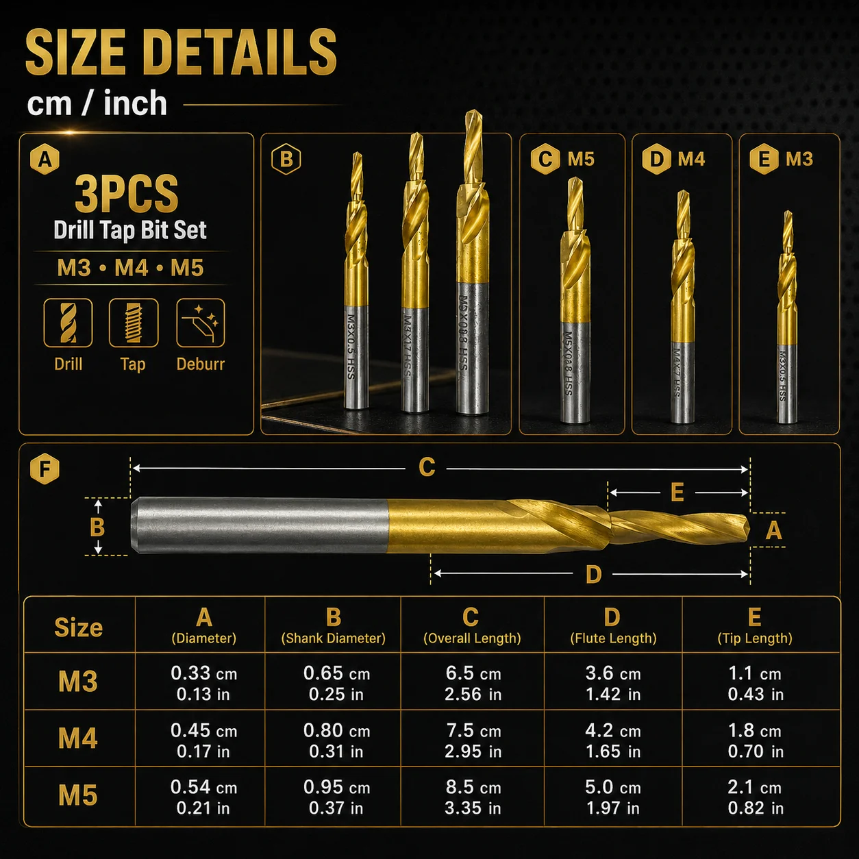 3PCS M3 M4 M5 Drill Tap Bit Set Titanium Coated HSS Combination Tap Drill Bit for Metal Wood Plastic Tapping & Drilling